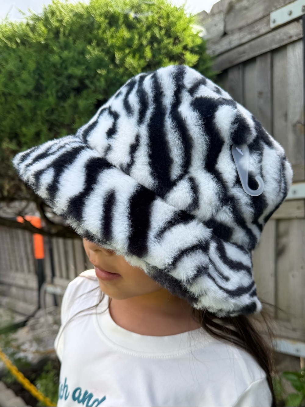 Kids Claire's Black & White Faux Fur Zebra Bucket Hat